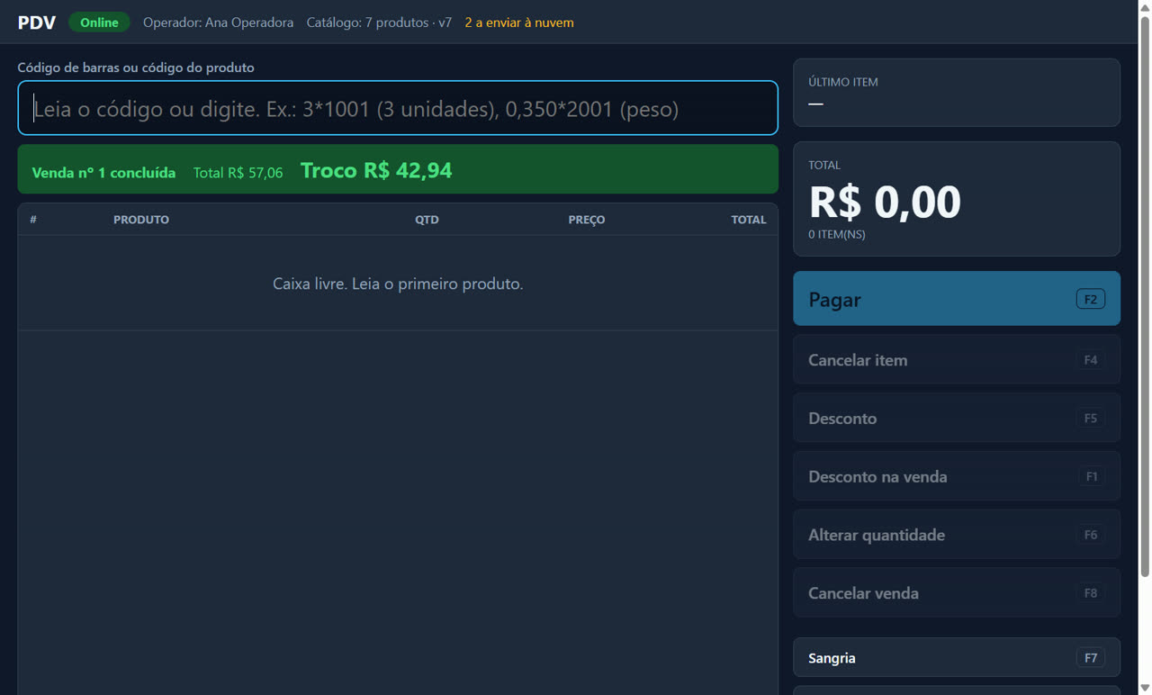 PDV após concluir a venda, mostrando troco e o contador de eventos a enviar